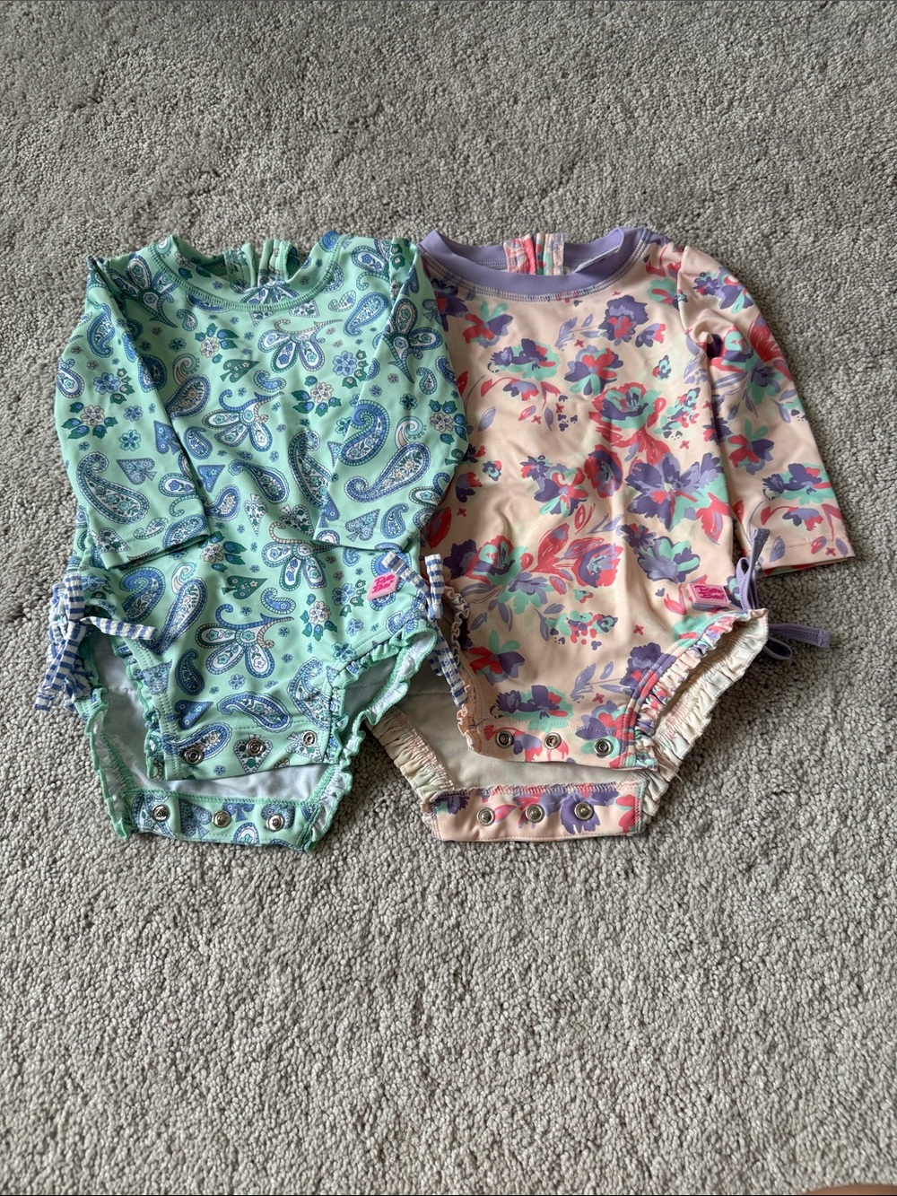 Ruffle Butts Green Paisley & Pink Floral Long-Sleeve One-Piece Swim Set